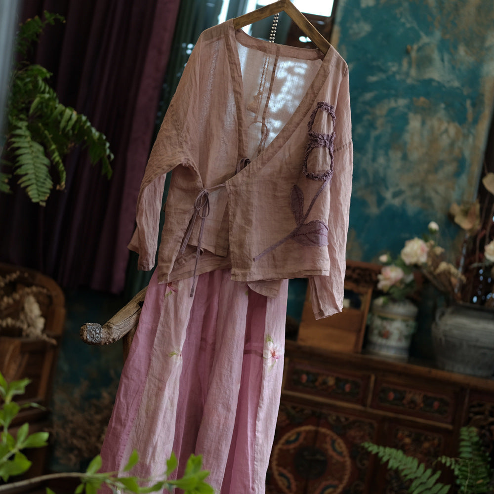 Vintage Floral Blouse — sleeve length and drape detail, 100% ramie