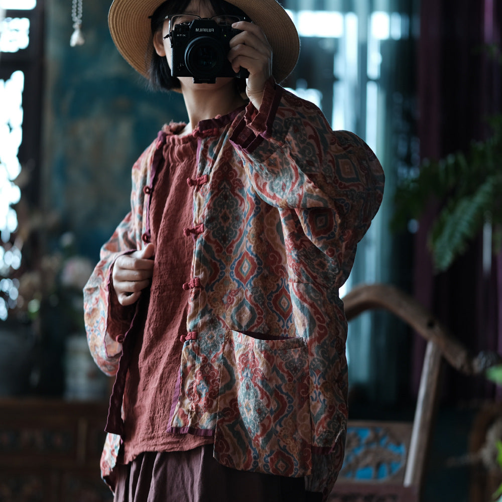 Veste vintage en lin à motifs ethniques