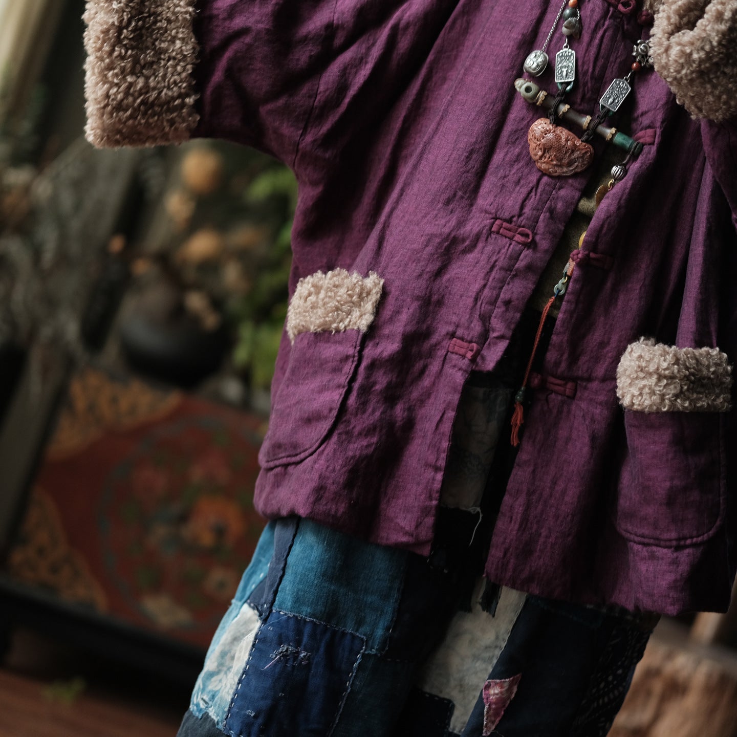 Vintage Padded Cotton Linen Jacket – Faux Fur Trim, Oversized Buttoned Coat