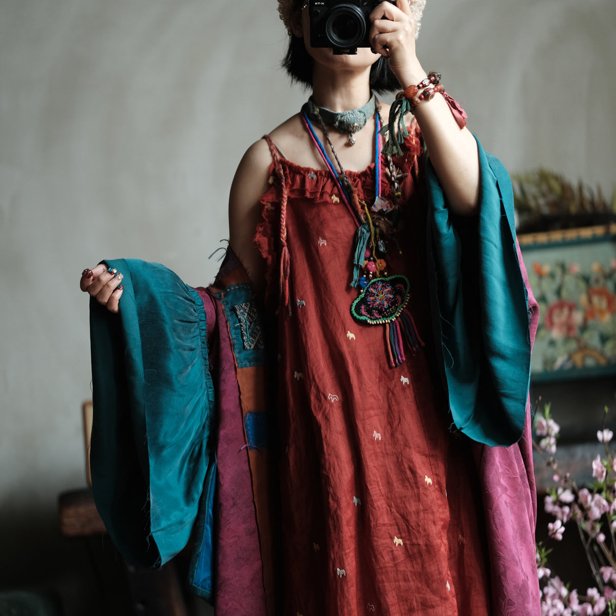 Crimson Garden Embroidered Linen Dress