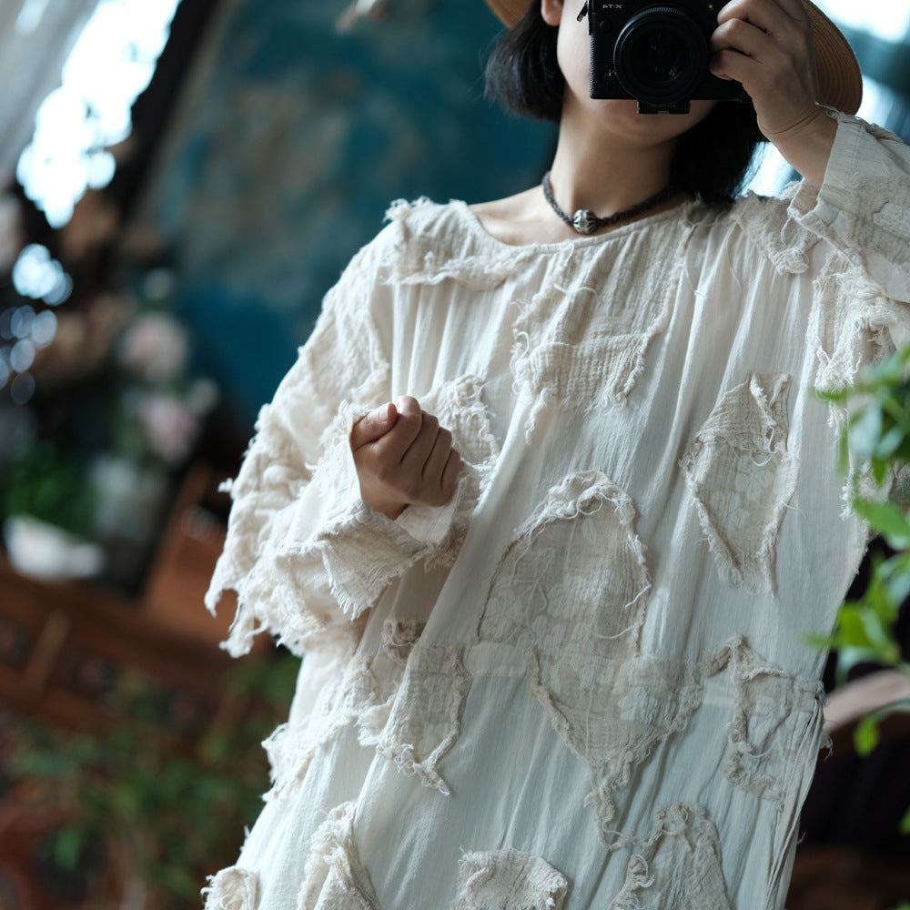 Robe tunique patchwork écrue