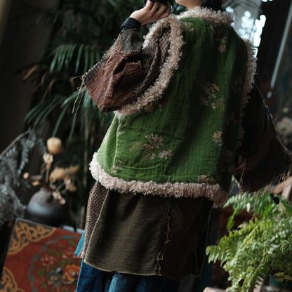 Vintage Winter Patchwork Cotton Linen Vest– Floral Print, Lamb Fleece Trim Vest