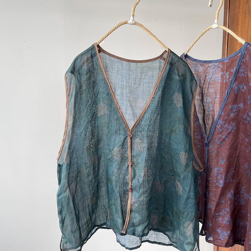 Gilet col en V en ramie florale