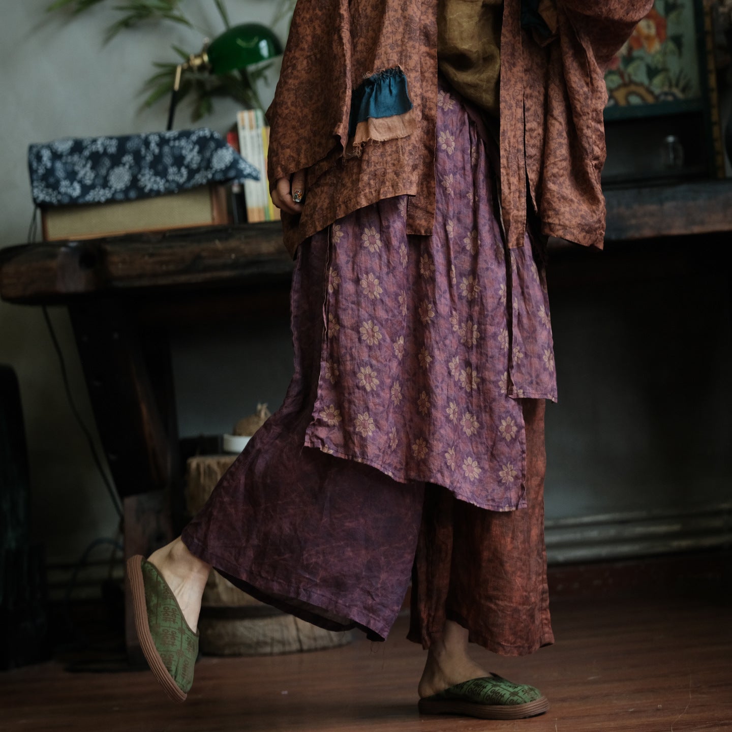 Vintage Floral Ramie Wide-Leg Trousers