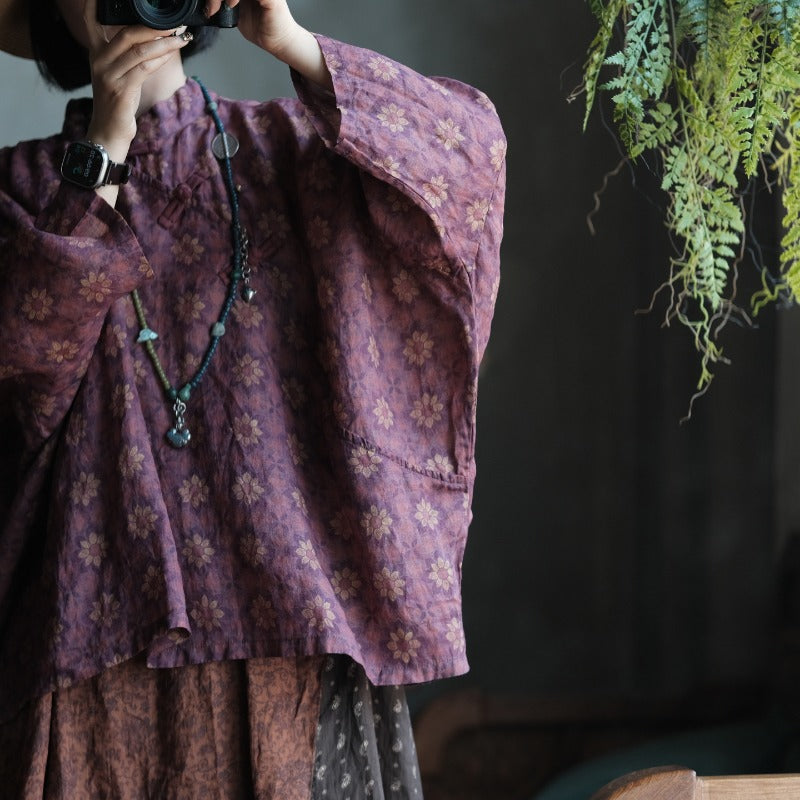 Vintage Floral Ramie Batwing Blouse