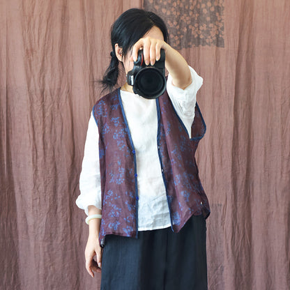 Gilet col en V en ramie florale