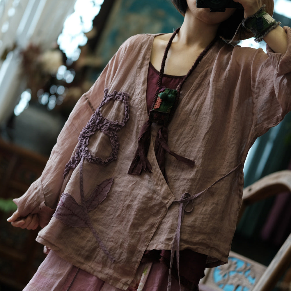 Vintage Floral Ramie Blouse back view — breathable 100% ramie fabric