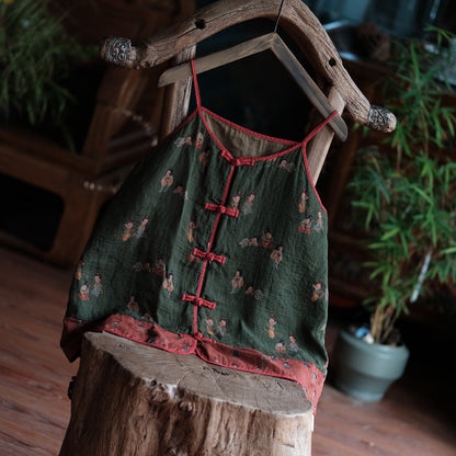Vintage Tiny Figures Linen Camisol – Lightweight Boho Summer Top