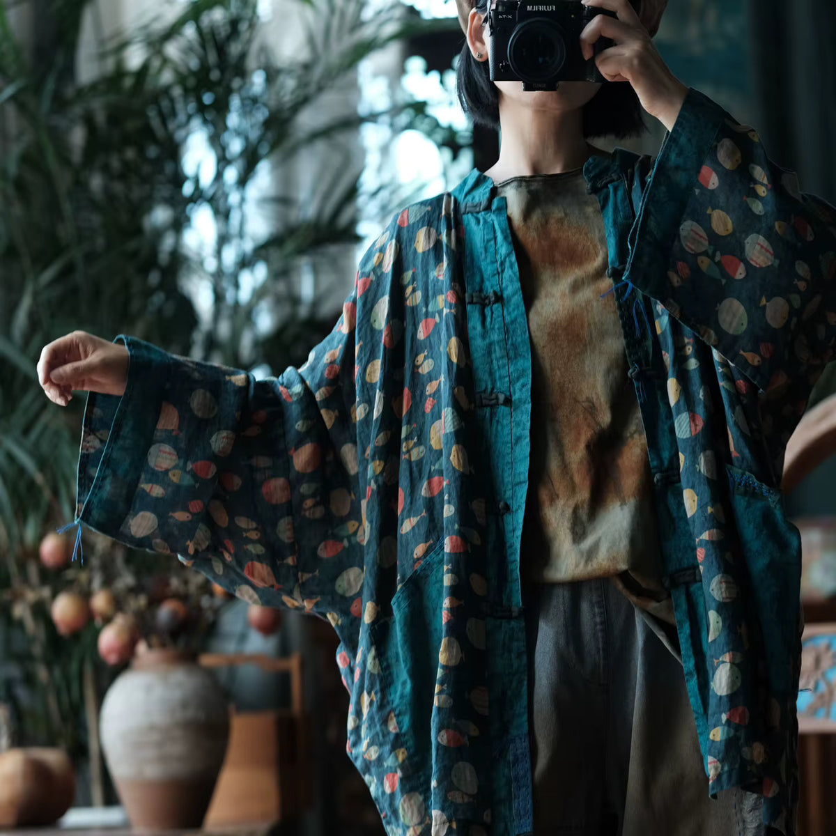 Indigo Fish Print Ramie Kimono