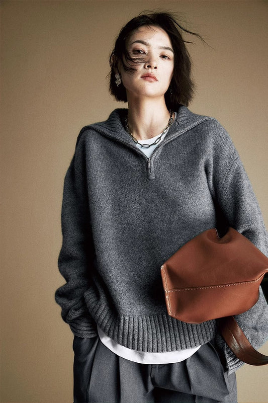 Cozy Zip Wool Knit Sweater for Women – Half-Zip Collar Pullover with 80% Wool Blend | COANDMI Collection