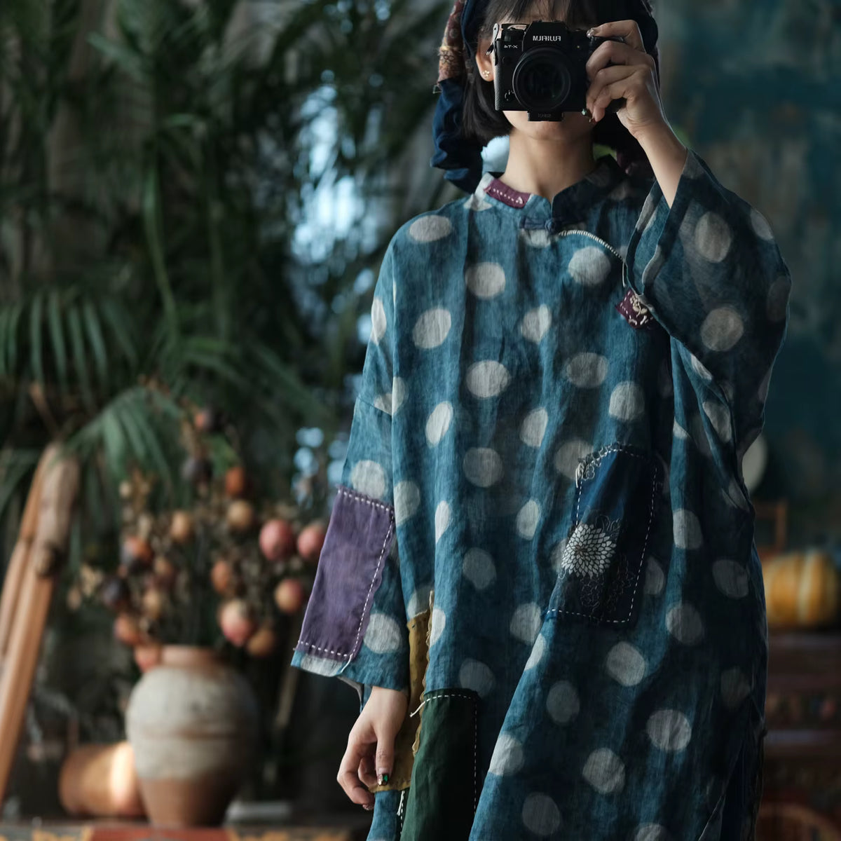 Sora Vintage Blue Dot Ramie Dress