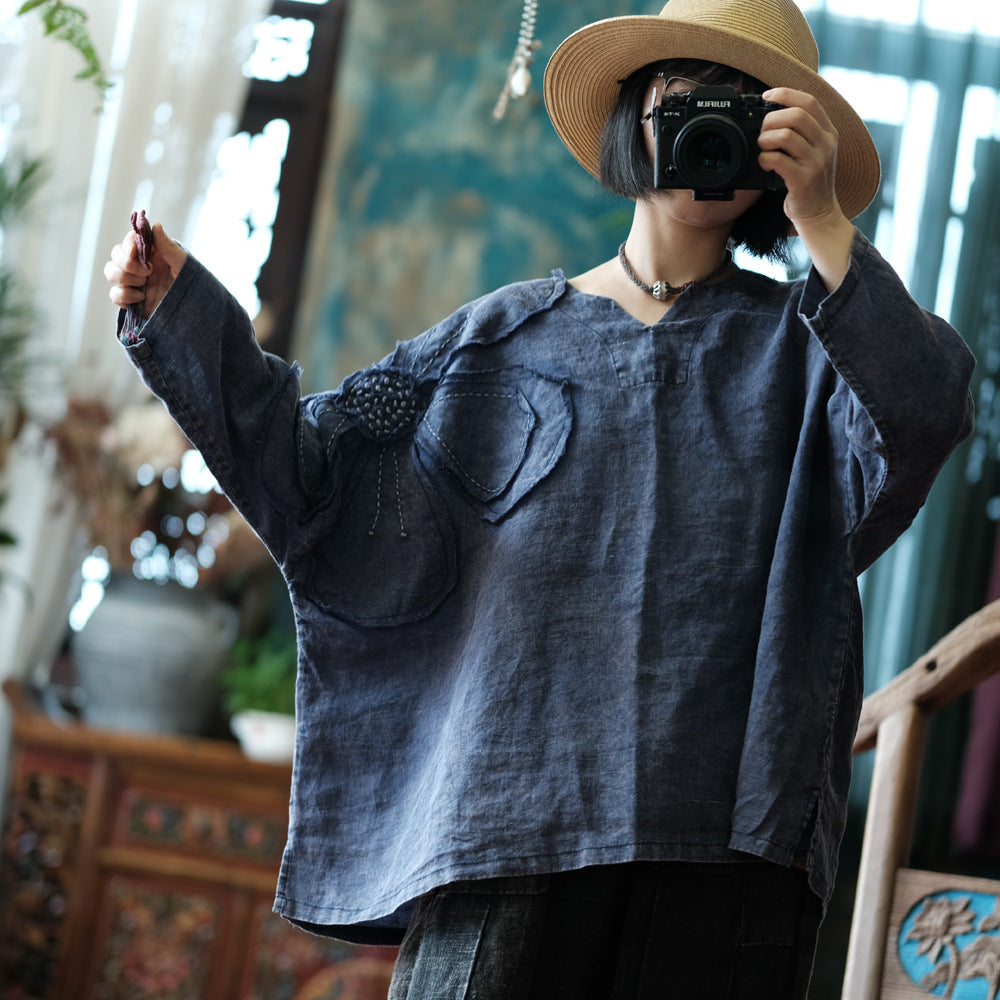Chemisier vintage en ramie à patchwork floral