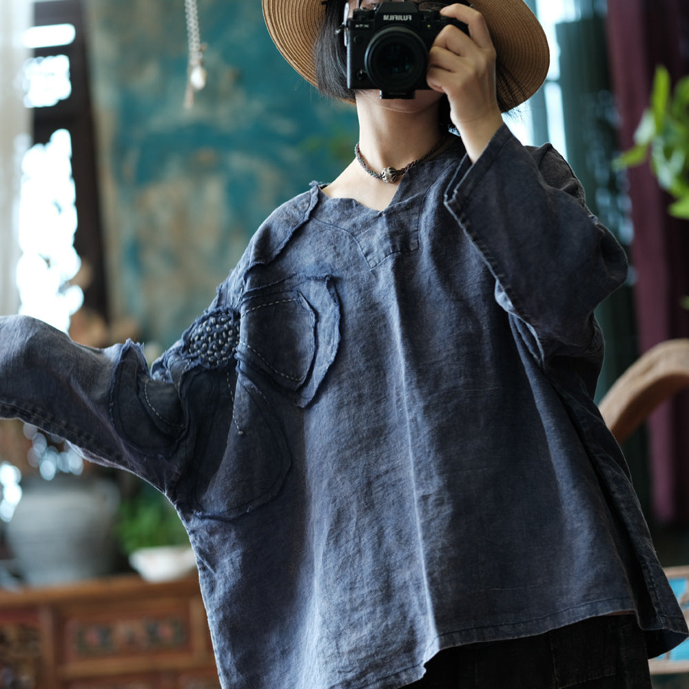 Chemisier vintage en ramie à patchwork floral