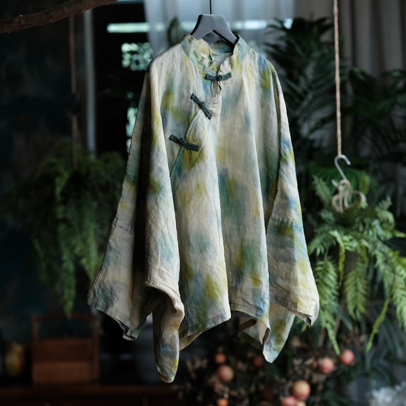 Aoi Mist Mandarin Ramie Blouse front view