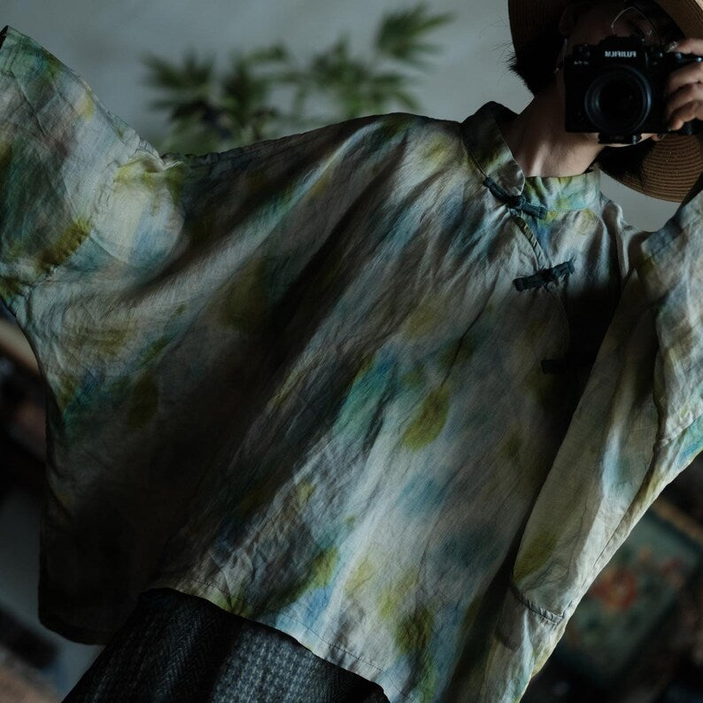 Aoi Mist Mandarin Ramie Blouse detail 3