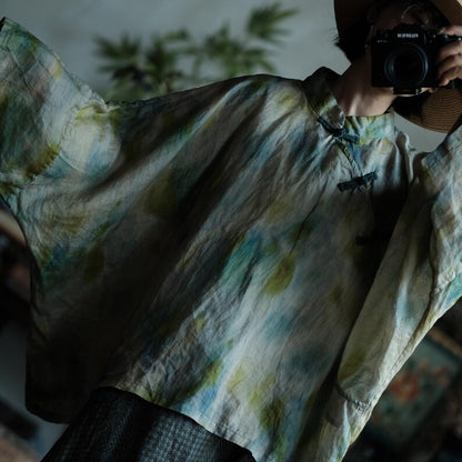 Aoi Mist Mandarin Ramie Blouse detail 3