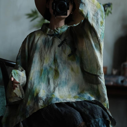 Aoi Mist Mandarin Ramie Blouse detail 4
