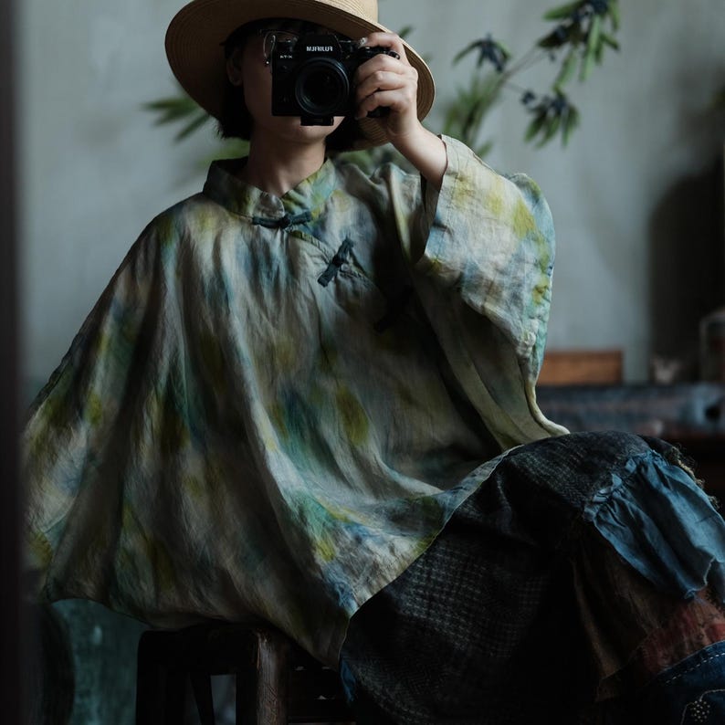 Aoi Mist Mandarin Ramie Blouse detail 6
