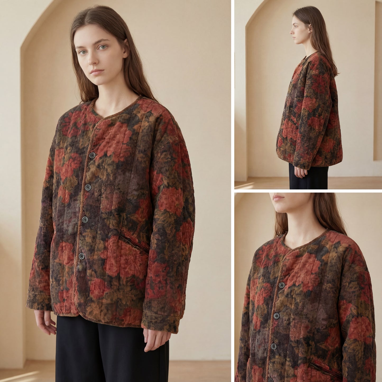 Vintage Floral Quilted Corduroy Jacket – Women’s Loose Fit Winter Coat