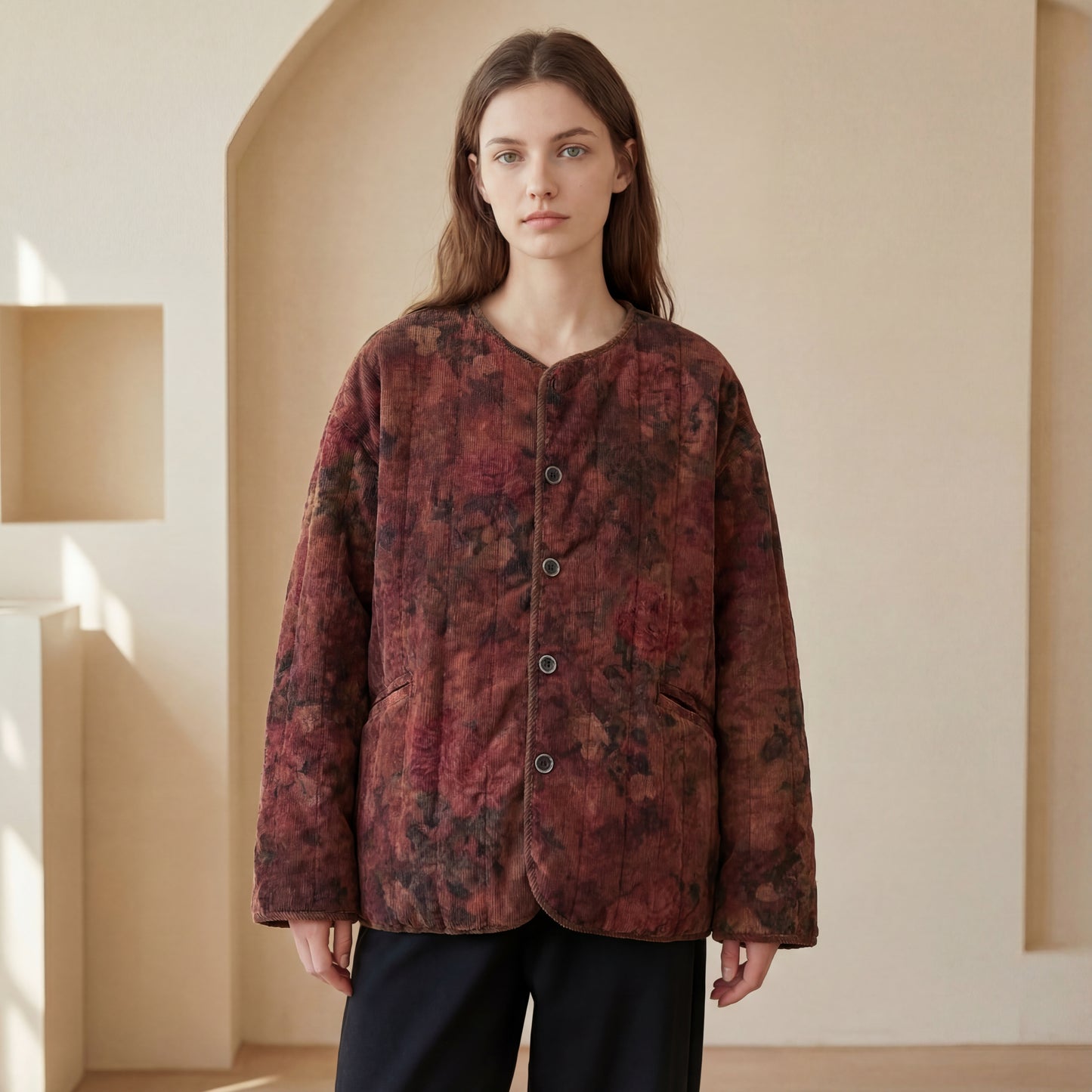 Vintage Floral Quilted Corduroy Jacket – Women’s Loose Fit Winter Coat