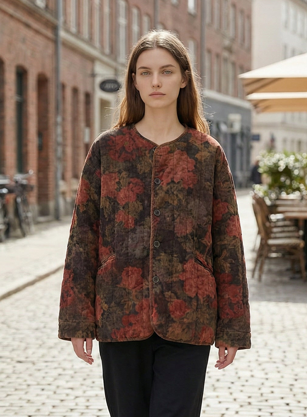 Vintage Floral Quilted Corduroy Jacket – Women’s Loose Fit Winter Coat