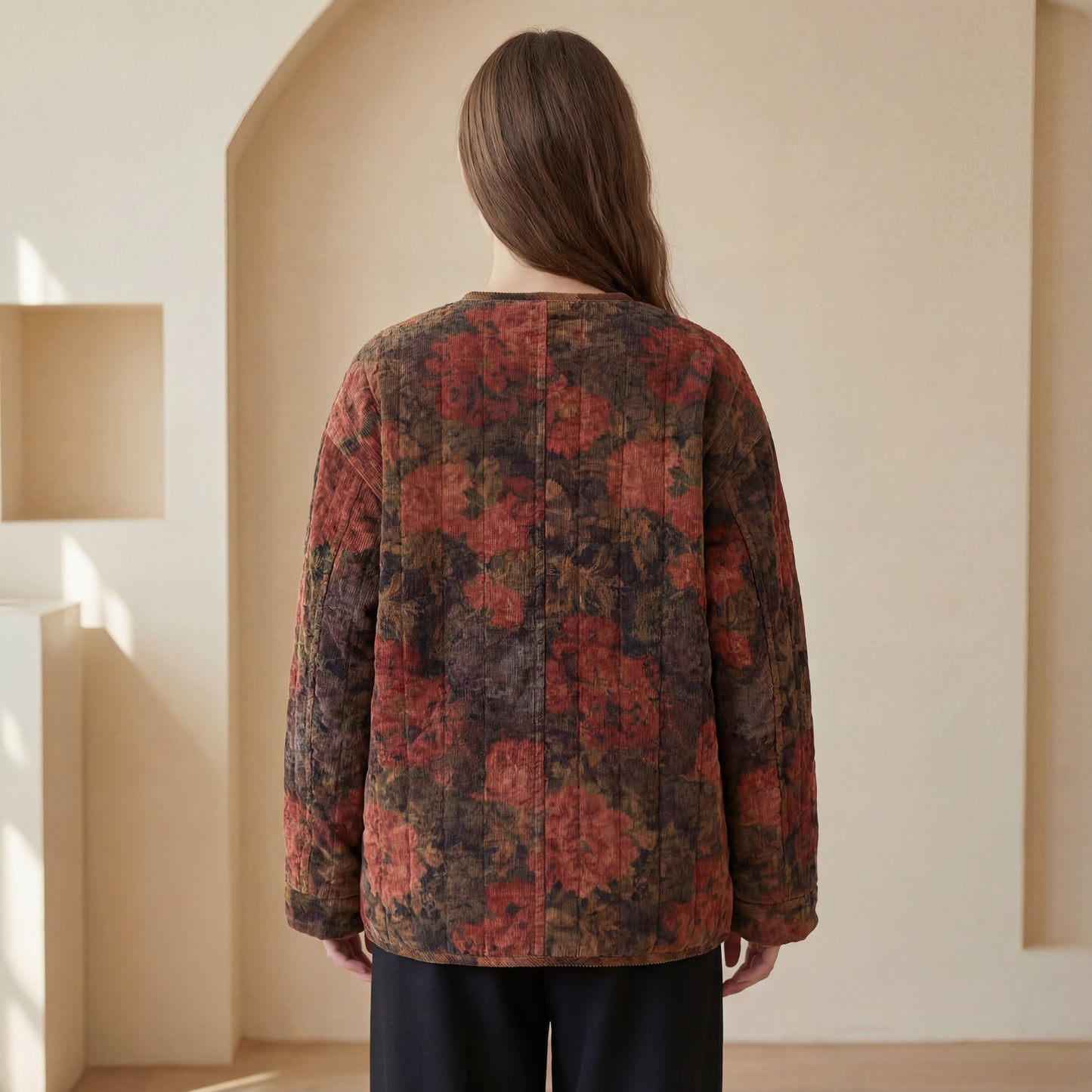 Vintage Floral Quilted Corduroy Jacket – Women’s Loose Fit Winter Coat