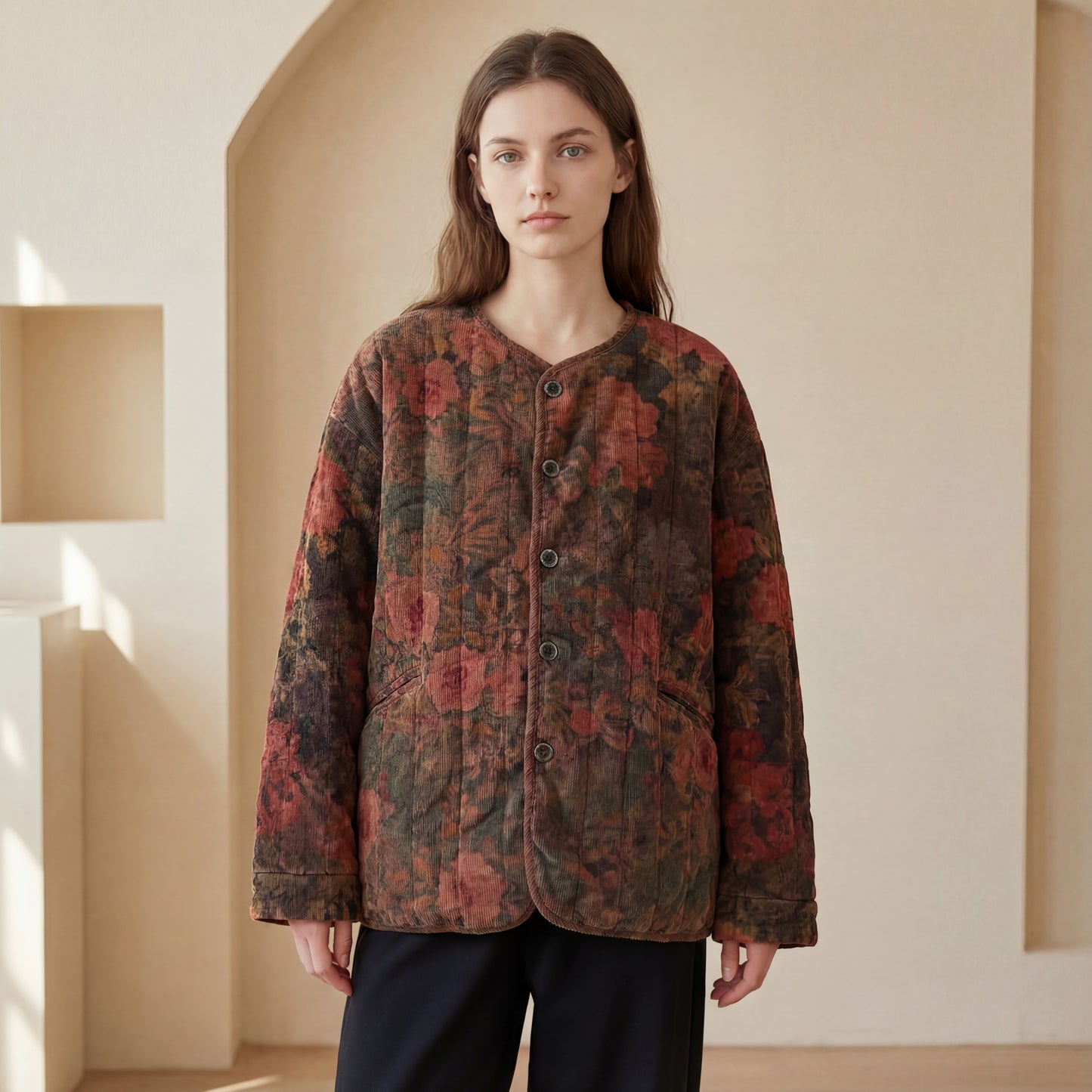 Vintage Floral Quilted Corduroy Jacket – Women’s Loose Fit Winter Coat