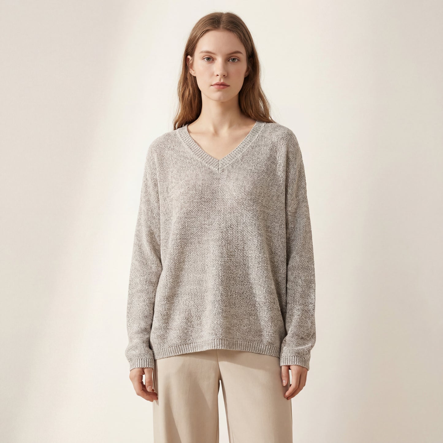 Vintage Casual V-Neck Oversized Knit Sweater – Cotton Blend