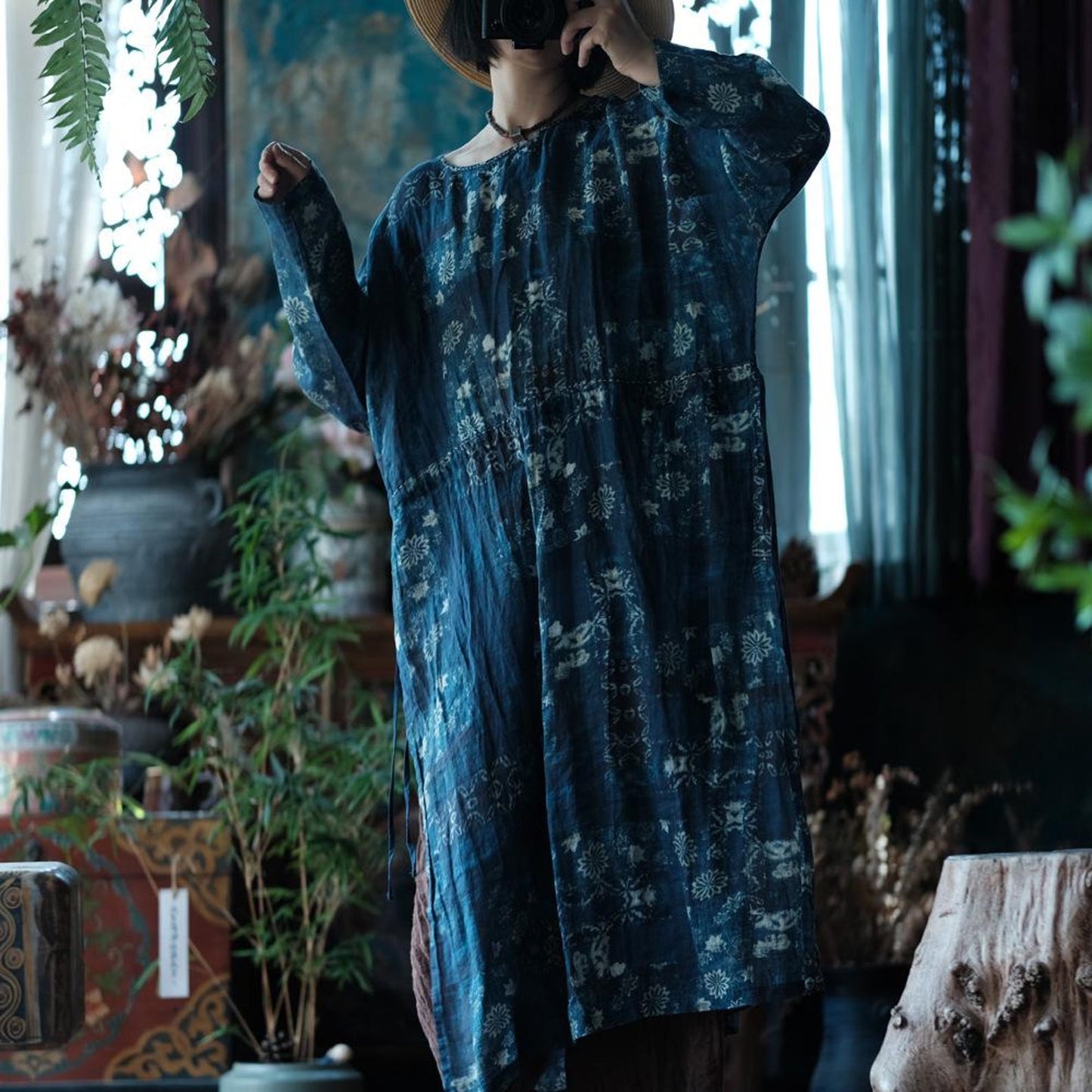 Indigo Nocturne Floral Linen Kaftan Dress