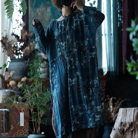 Indigo Nocturne Floral Linen Kaftan Dress